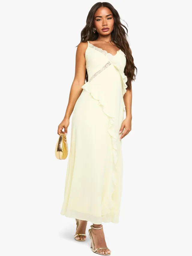 boohoo Dames Chiffon Lace Detail Ruffled Midaxi Jurk Citroen