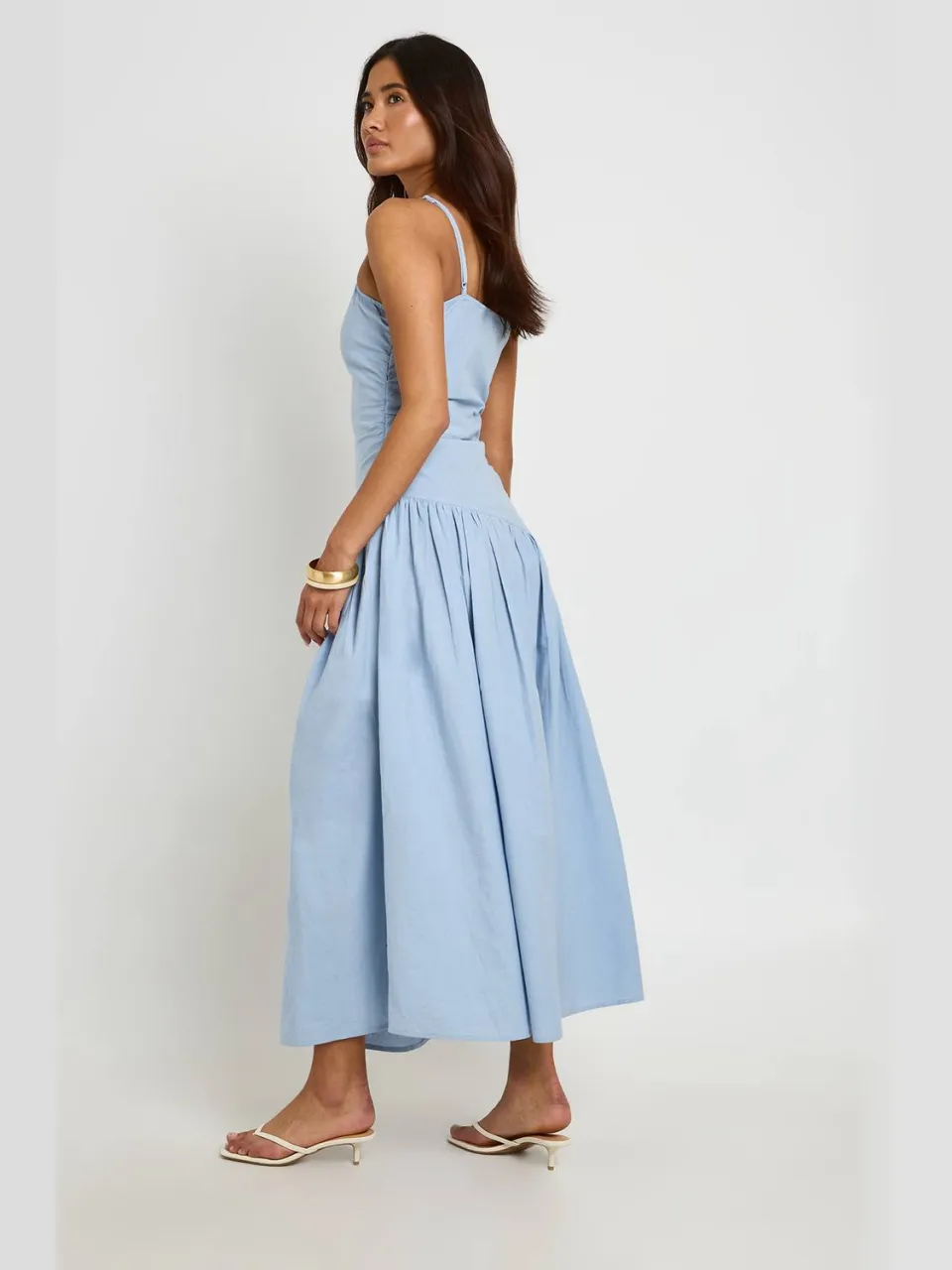 boohoo Dames Linnen Skater Midi-jurk Met Gerimpeld Lijfje En Verlaagde Zoom babyblauw, foto 2