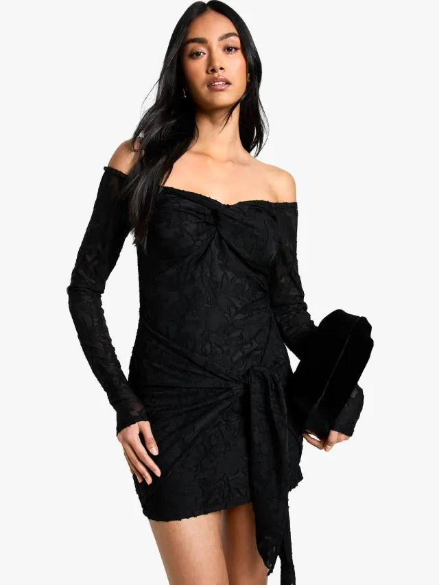 boohoo Dames Tall Burnout Bardot Twist Wrap Mini Jurk Zwart