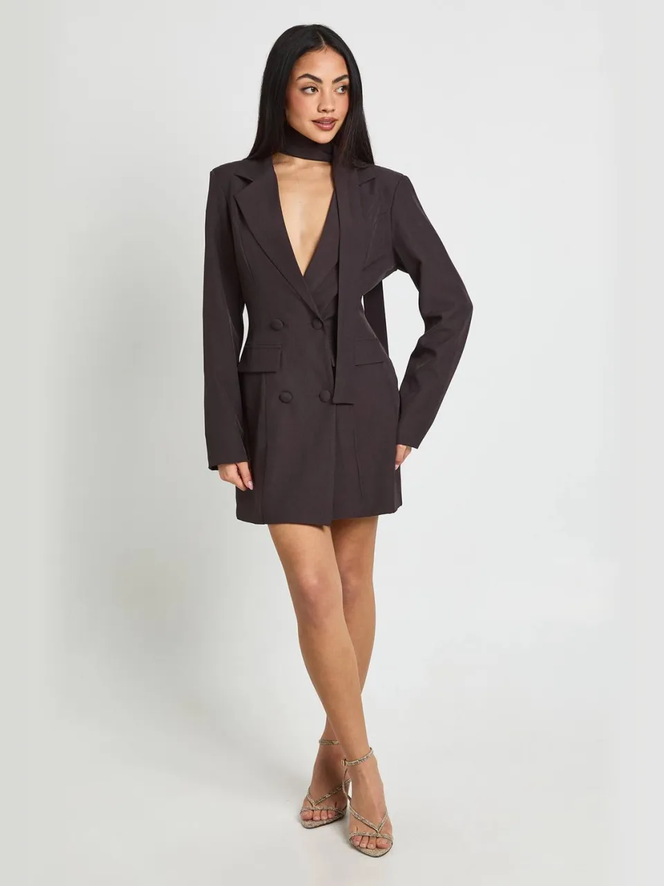 boohoo Dames Blazerjurk Met Sjaaltjesdetail espresso, foto 3