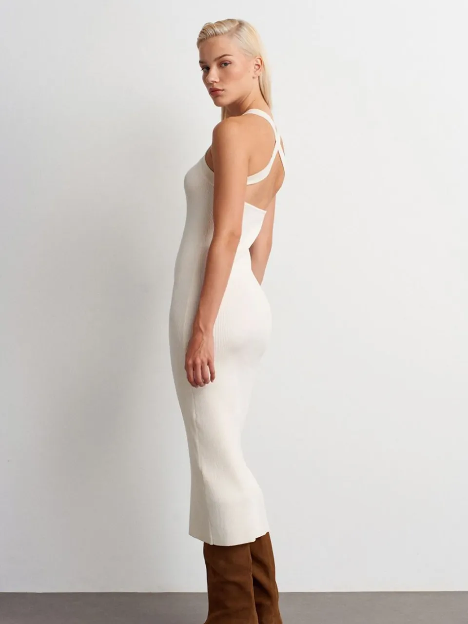 Dilvin Ribbel Halter Midi Bodycon Jurk crème, foto 2