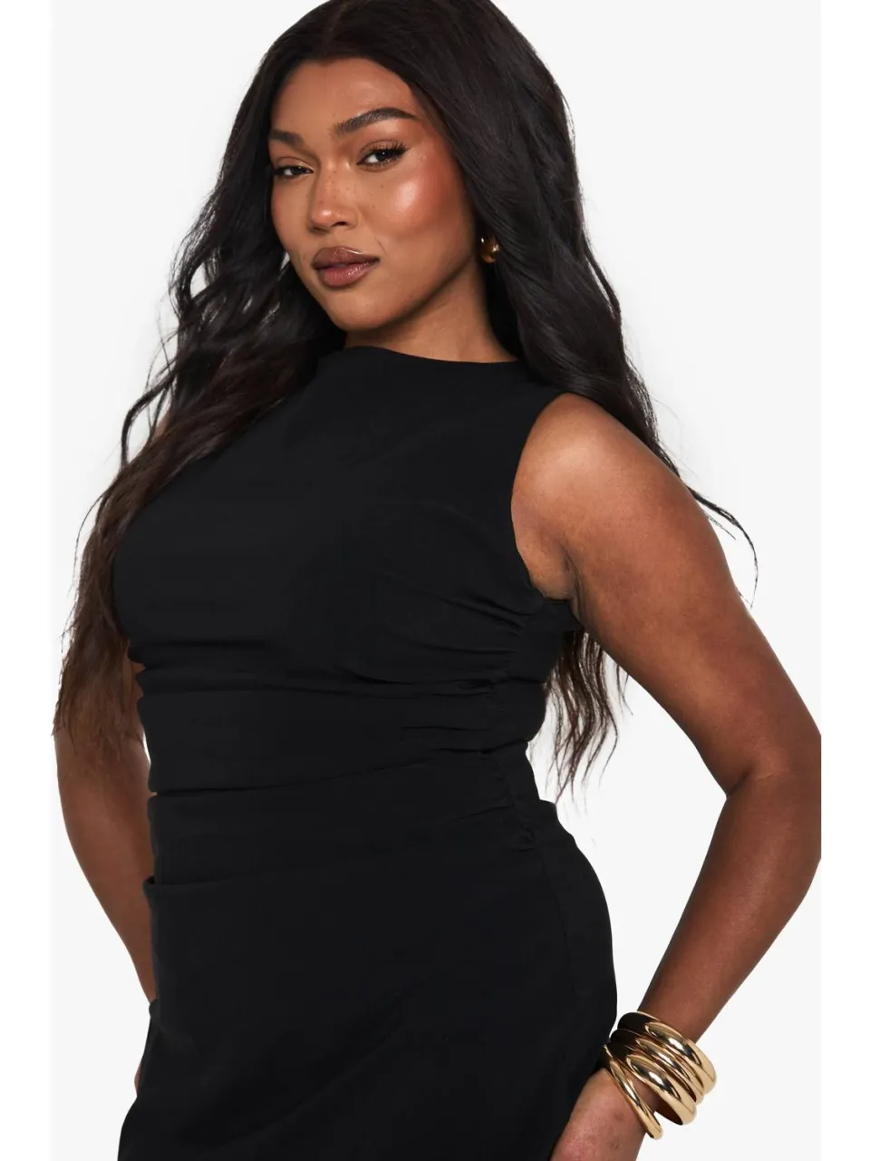 boohoo Dames Plus Ruched Mouwloze Mini Jurk zwart, foto 4