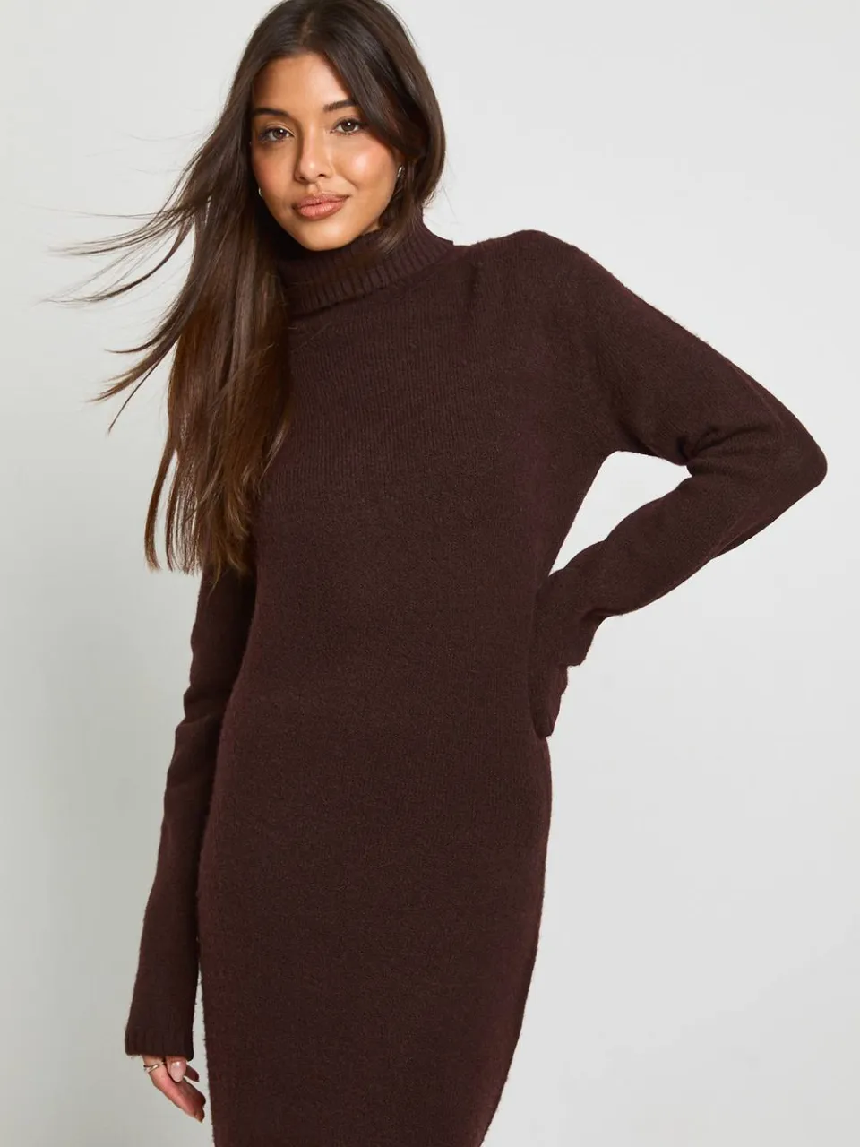 boohoo Dames Rolhals superzachte gebreide maxijurk chocoladebruin, foto 4