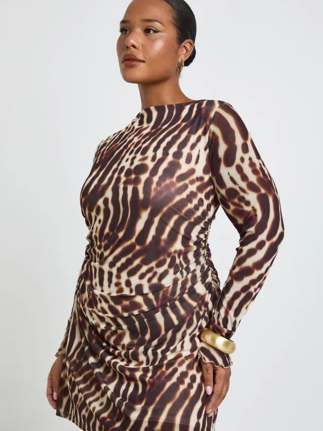 boohoo Dames Plus Grote Bloemenprint Geplooid Mini Shift Jurk bruin, foto 3