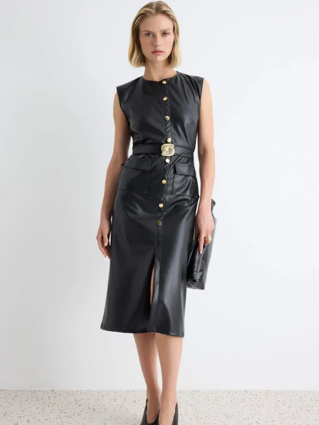 Trendyol TRENDYOLMİLLA Dames Zwart Effen Midi Mouwloos Bodycon Jurken