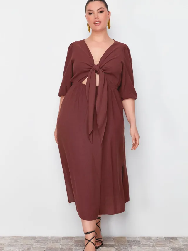 Trendyol Curve Dames Bruin Effen Midi Driekwart mouw Casual A-lijn Grote maten Jurk
