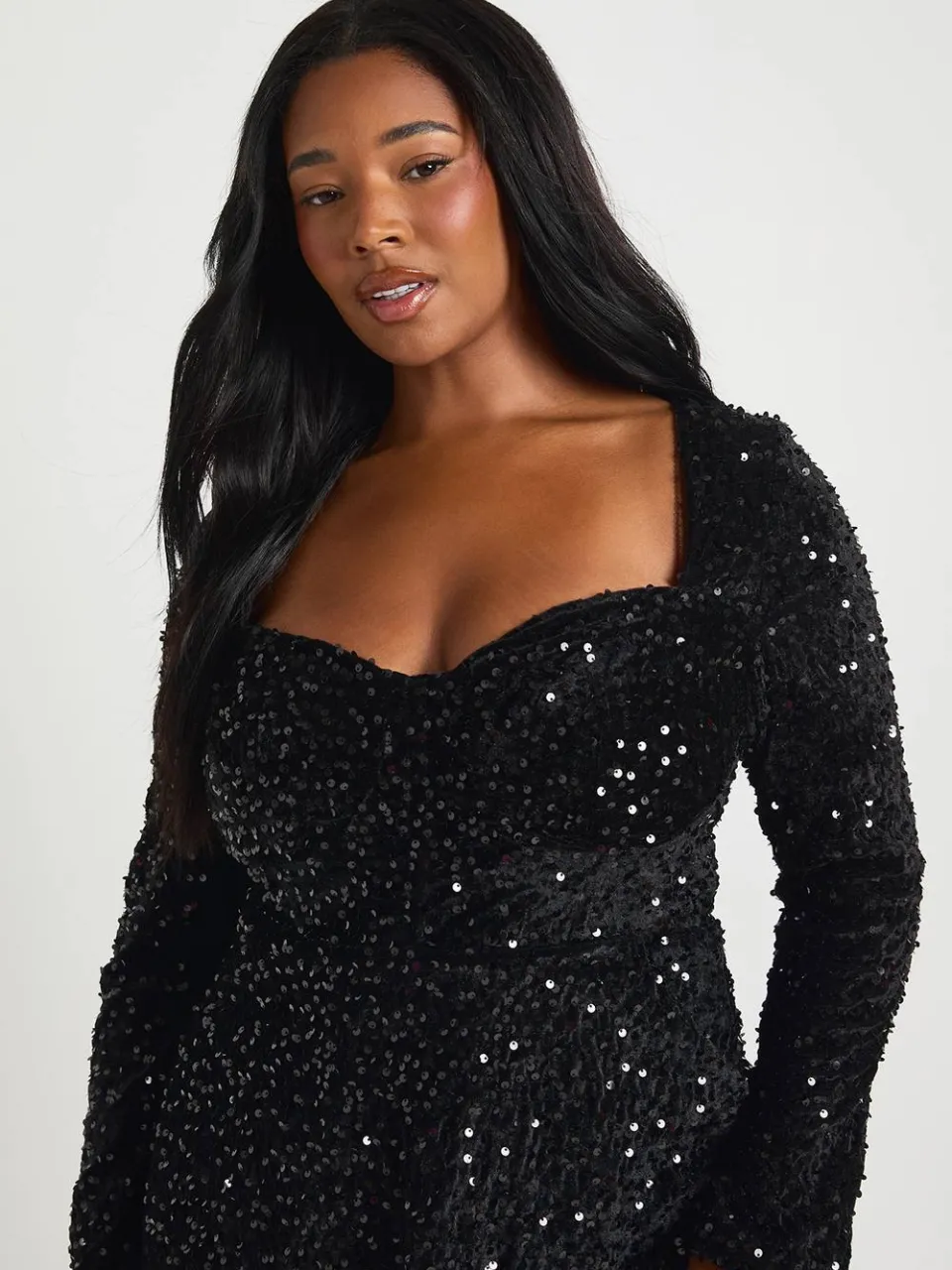 boohoo Dames Plus Sweetheart Hals Lange Mouw Skater Jurk zwart, foto 4