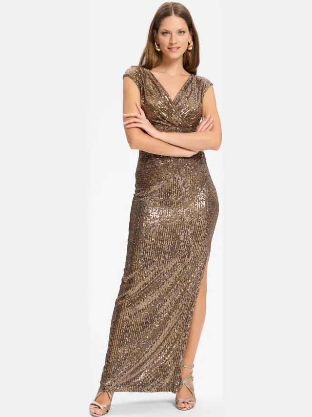 Swing Galajurk Dames – Maxi Jurk met Pailletten – V-Hals – Bruin –