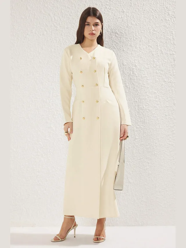 Trendyol Modest Dames Beige Effen Maxi Lang Zakelijk Double-breasted Modest Jurken