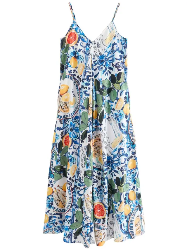 Next Dames - Petite volumineuze maxi-jurk - Petite - Wit Blue/White Lemon Print