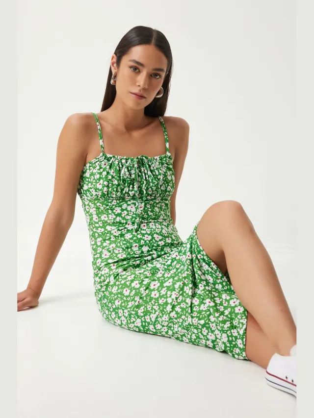 Happiness Istanbul Bloemige Bodycon Midi-jurk met Splits Groen