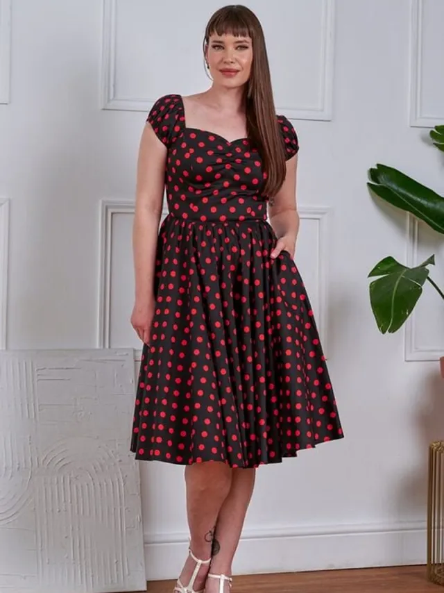 Banned Marilyn Spot Dress Dames Midi-jurk - zwart/rood