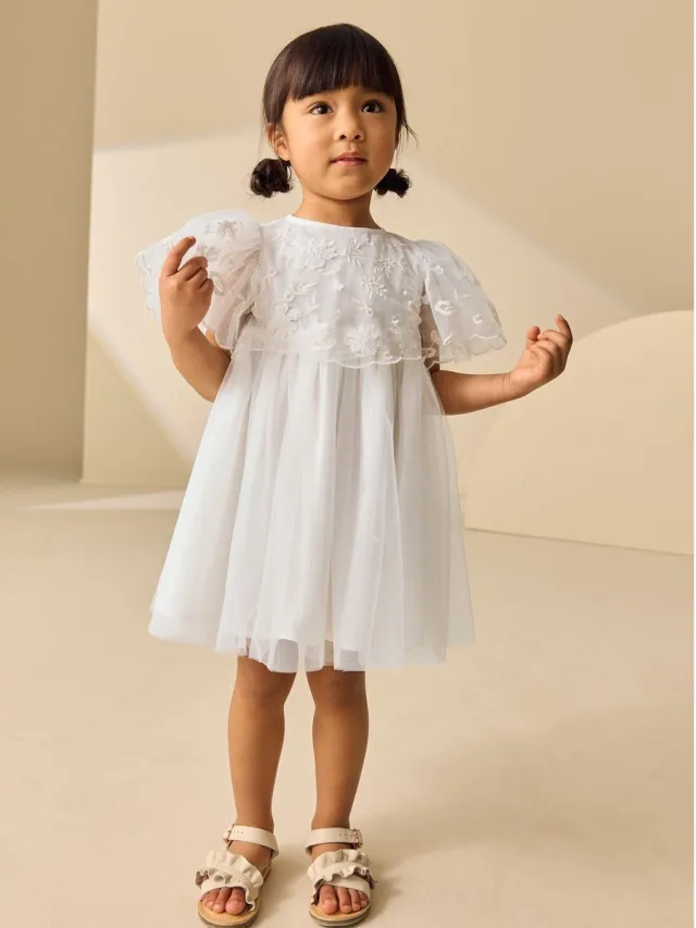 Next Meisjes - Geborduurde gelegenheidsjurk met mesh - Wit White