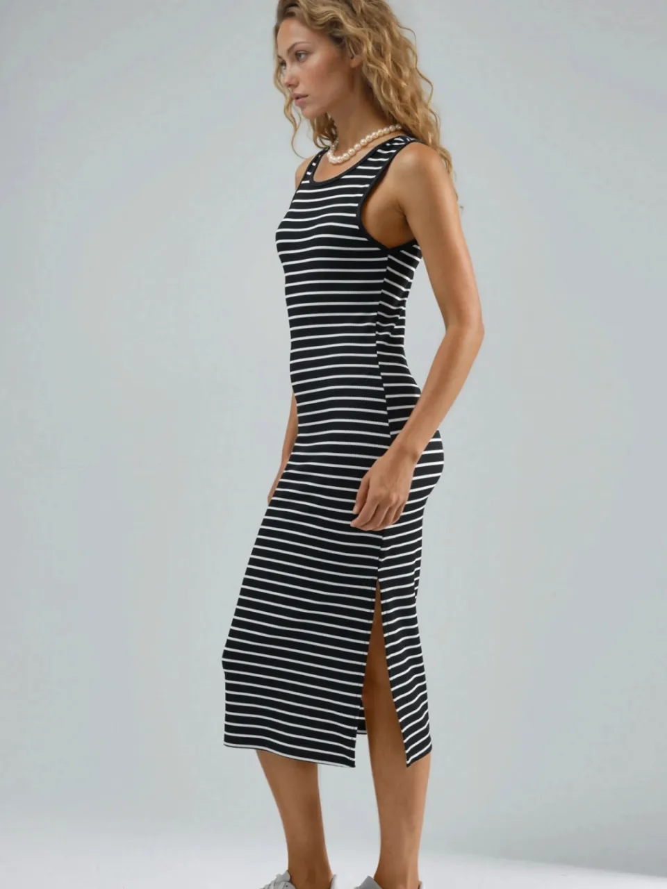 Hiccup Gestreepte U-Hals Bodycon Midi Jurk zwart, foto 2
