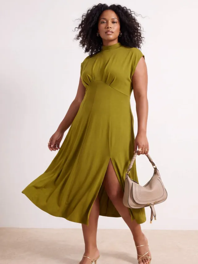 Trendyol Curve Dames Groen Effen Midi Mouwloos Skater Grote maten Jurk