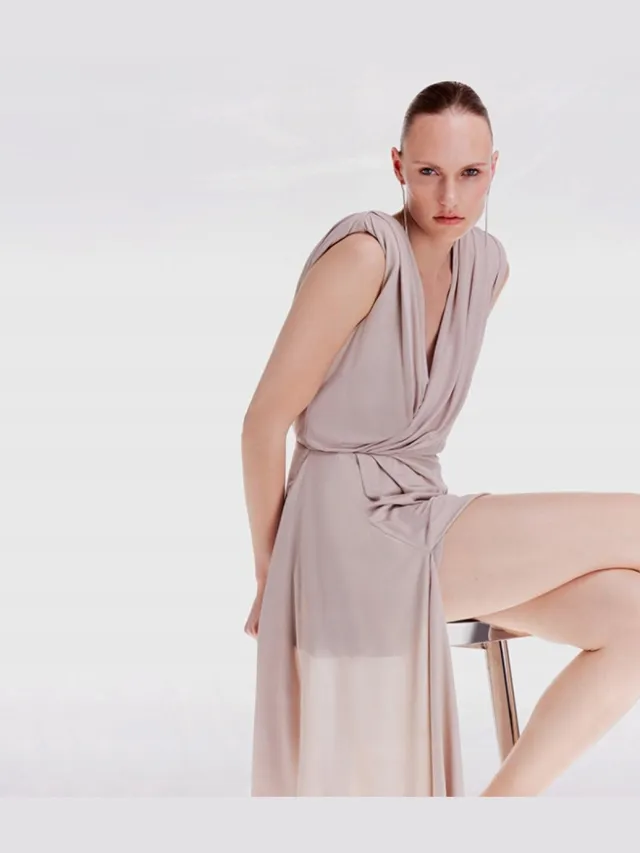 Karen Millen Jurk - Beige Geplooide - Met Watervalhals
