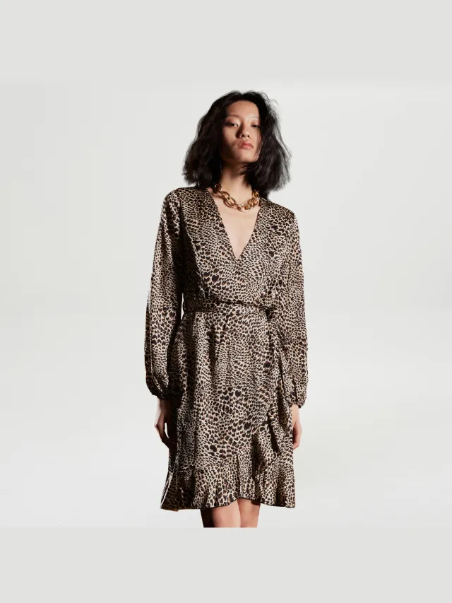 S&J Weekends Cross-Heart Effect Dress met dierenprints Bruin