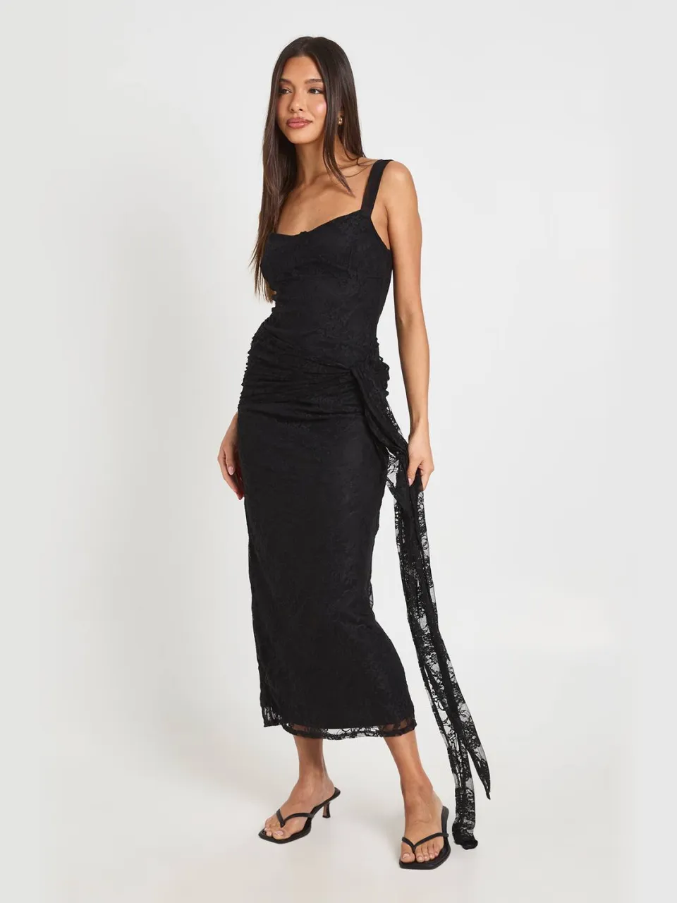 boohoo Dames Kanten Maxi Jurk Met Strikdetail In De Taille En Bandjes zwart, foto 3