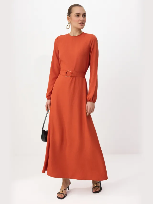 Trendyol Modest Dames Bruin Effen Maxi Lang Casual Skater Modest Jurken