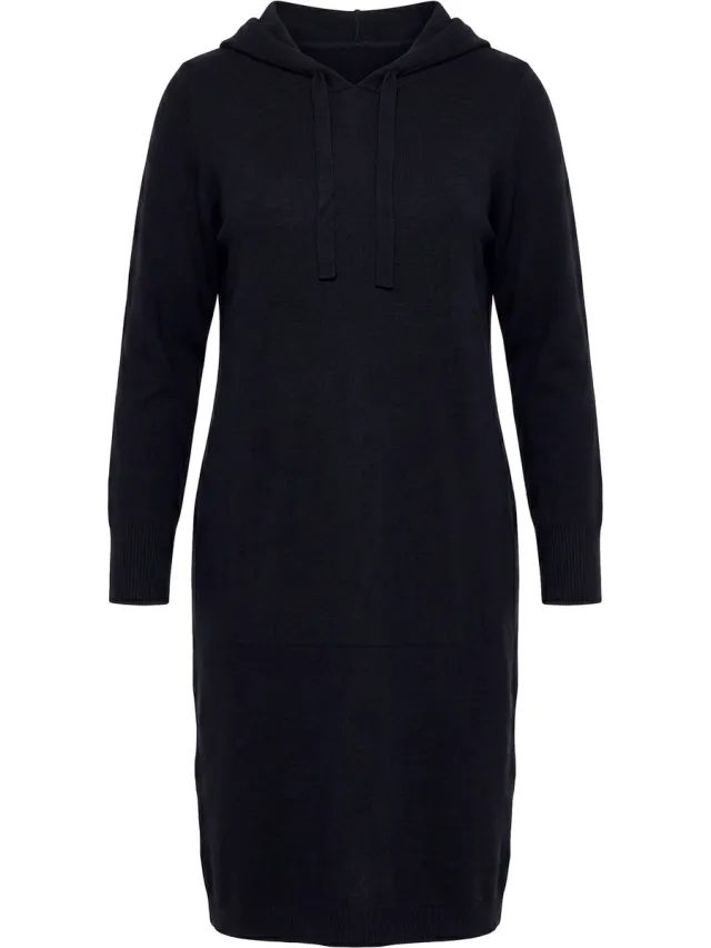 Ulla Popken Dames - Gebreide midi-jurk capuchon lange mouwen - Marine - Maat 42+