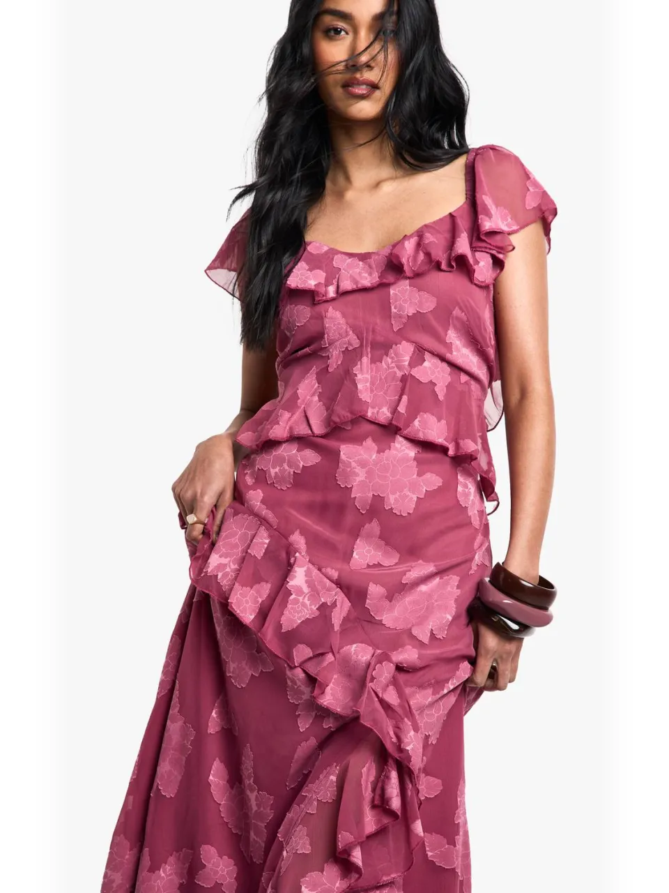 boohoo Dames Jacquard Bloemen Ruffle Maxi Jurk roos, foto 2