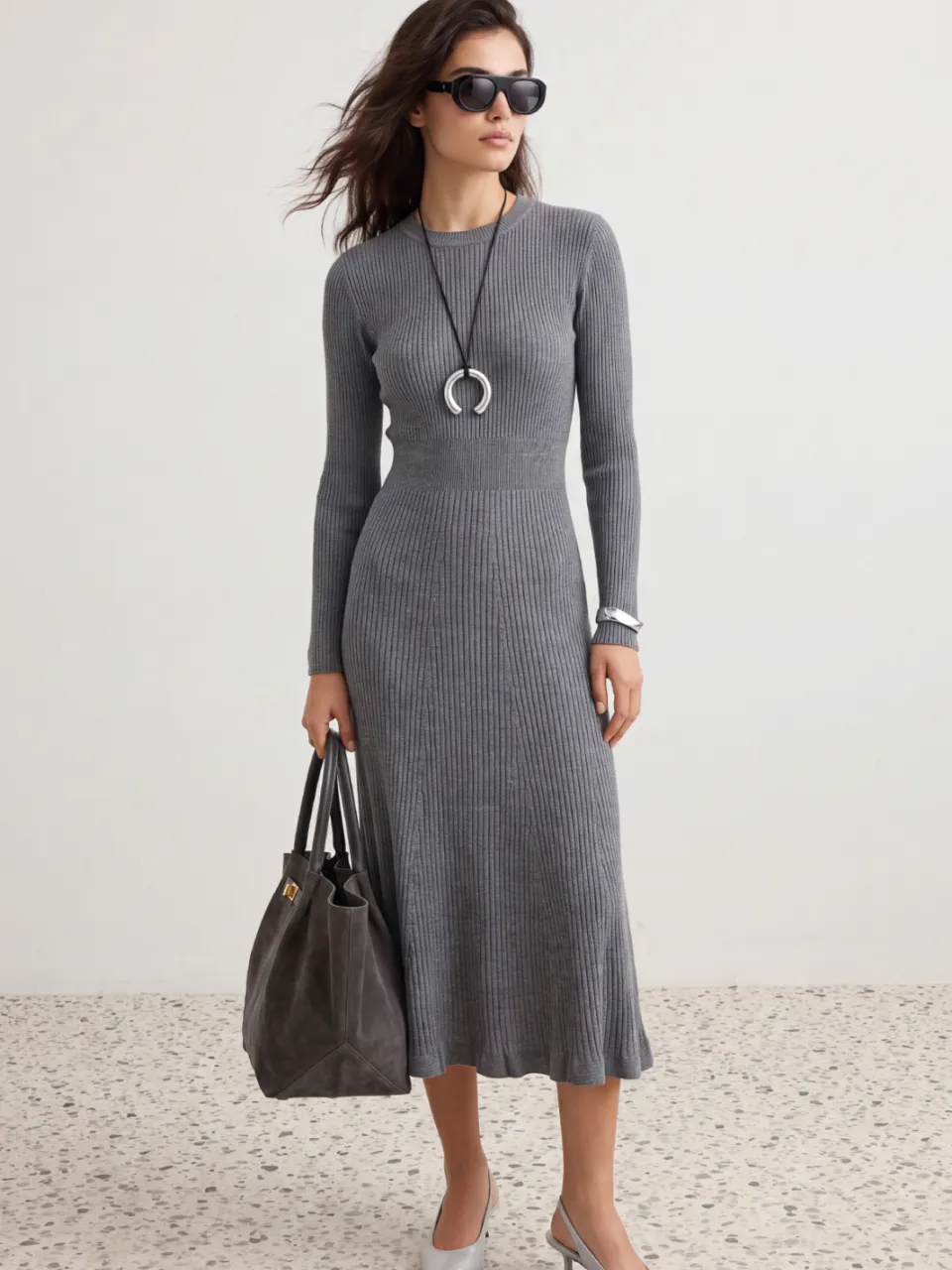 Trendyol TRENDYOLMİLLA Dames Grijs Effen Midi Lang Casual A-lijn Jurken
