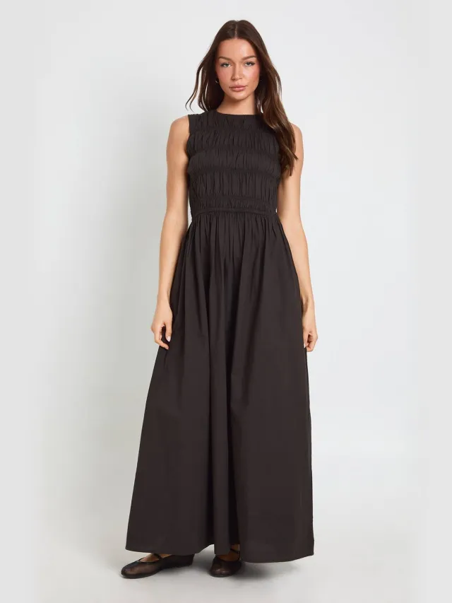 boohoo Dames Katoenen Poplin Maxi Jurk Met Gerimpeld Lijfje Zwart