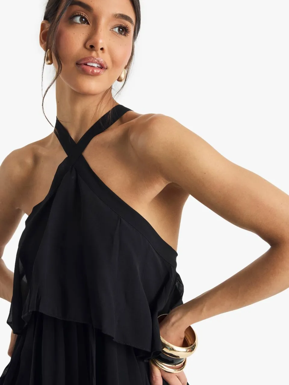 boohoo Dames Chiffon Gelaagde Halternek Maxi-Jurk zwart, foto 2