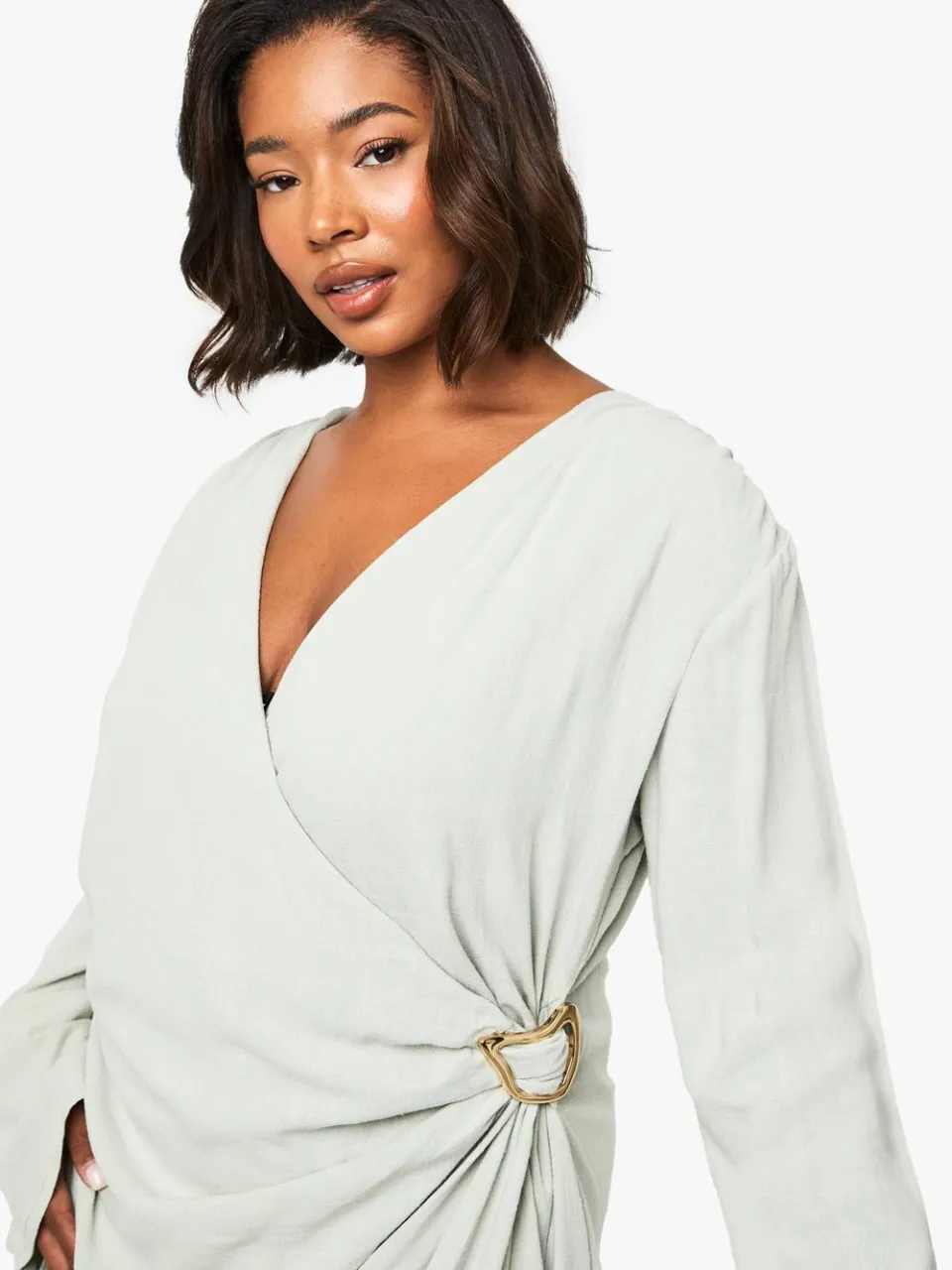 boohoo Dames Plus Trim Detail Wrap Linen Look Dress verstandig, foto 4