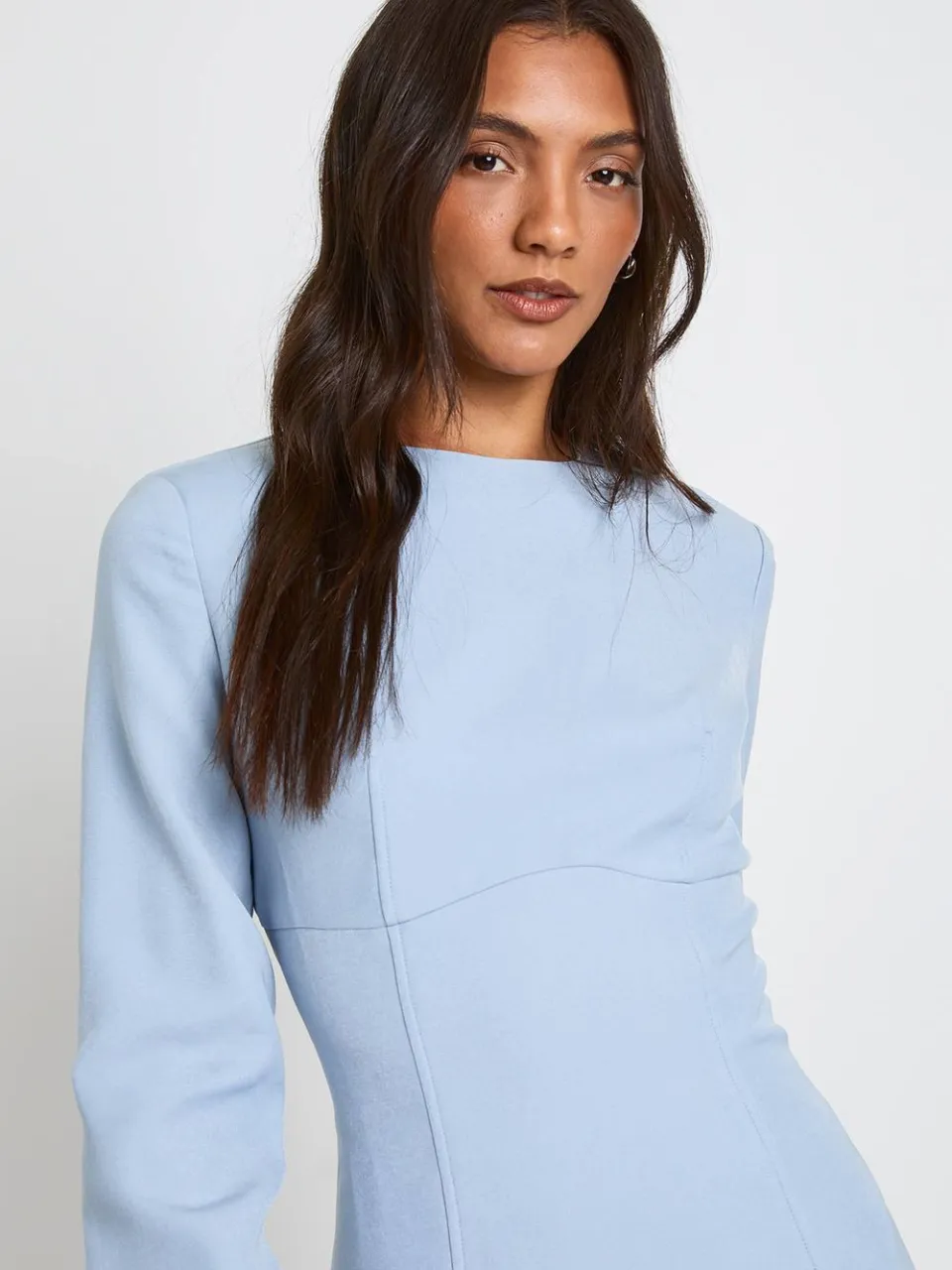 boohoo Dames Lange Getailleerde Shift Jurk Met Lange Mouwen lichtblauw, foto 4