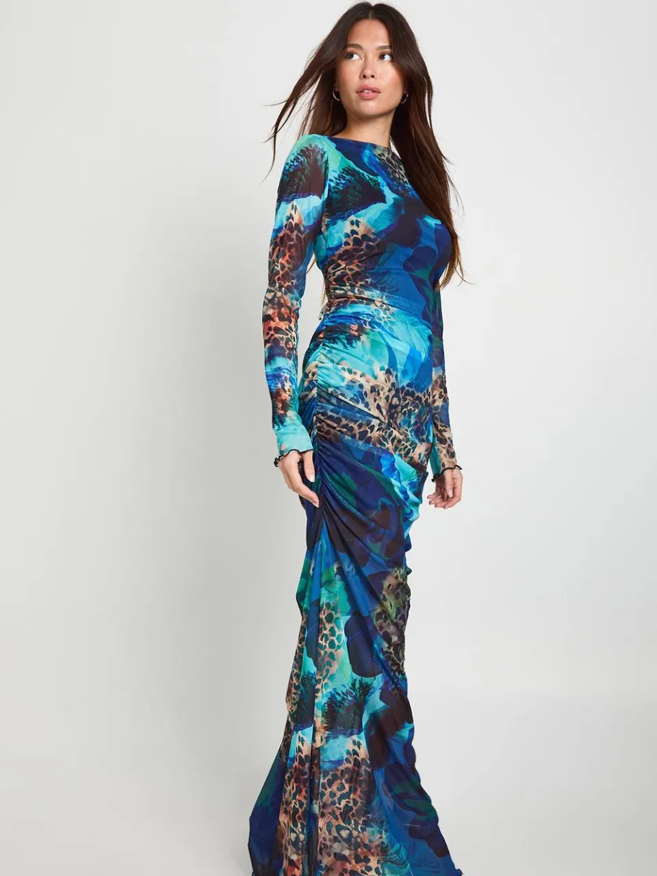 boohoo Dames Gemengde dierenprint geraffineerde mesh maxi-jurk kobaltblauw, foto 3