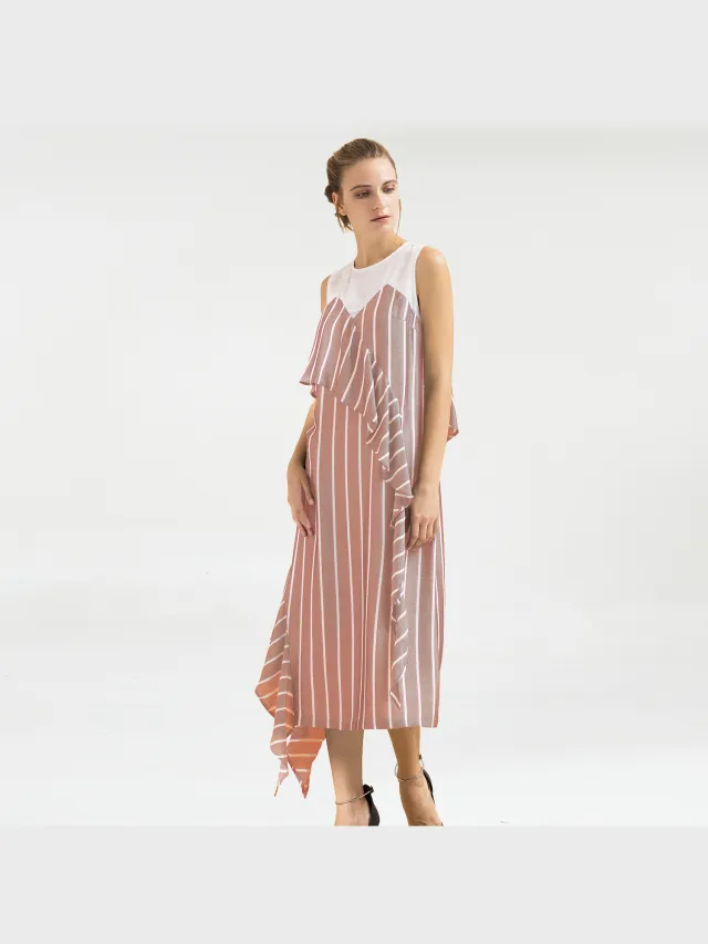 Smart & Joy Strepen asymmetrische midi -jurk Beige