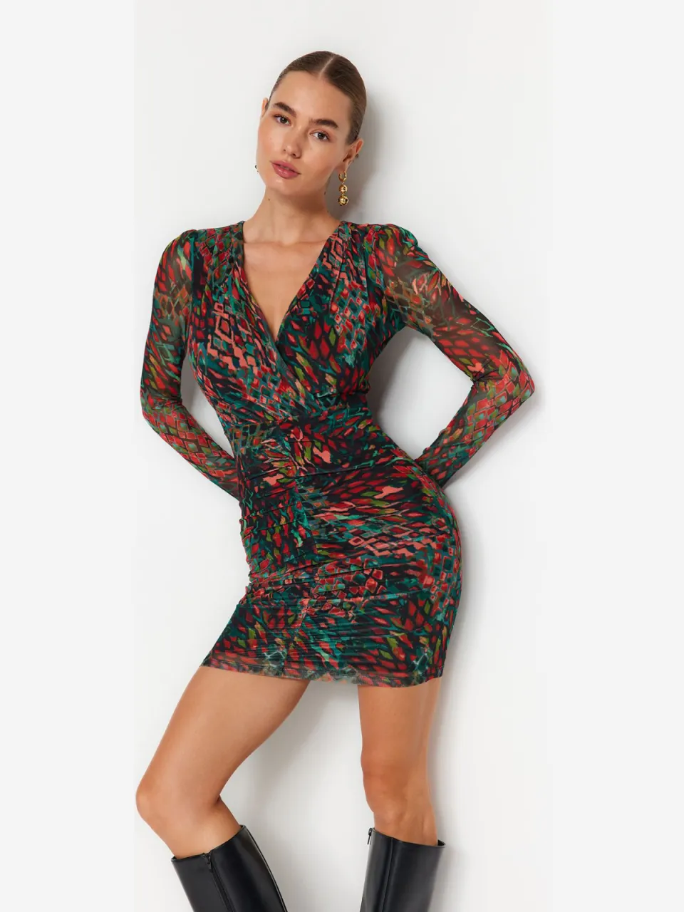 Trendyol TRENDYOLMİLLA Dames Zwart Abstract Kort / Mini Lang Casual Bodycon Jurken