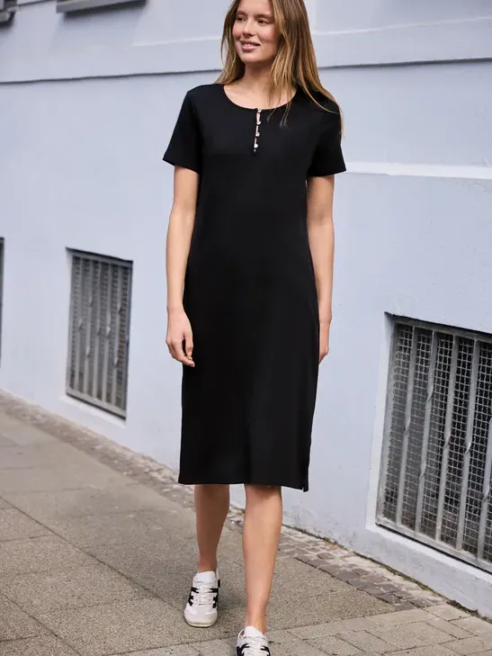 Street One Studio Geribde midi-jurk met ronde hals Zwart