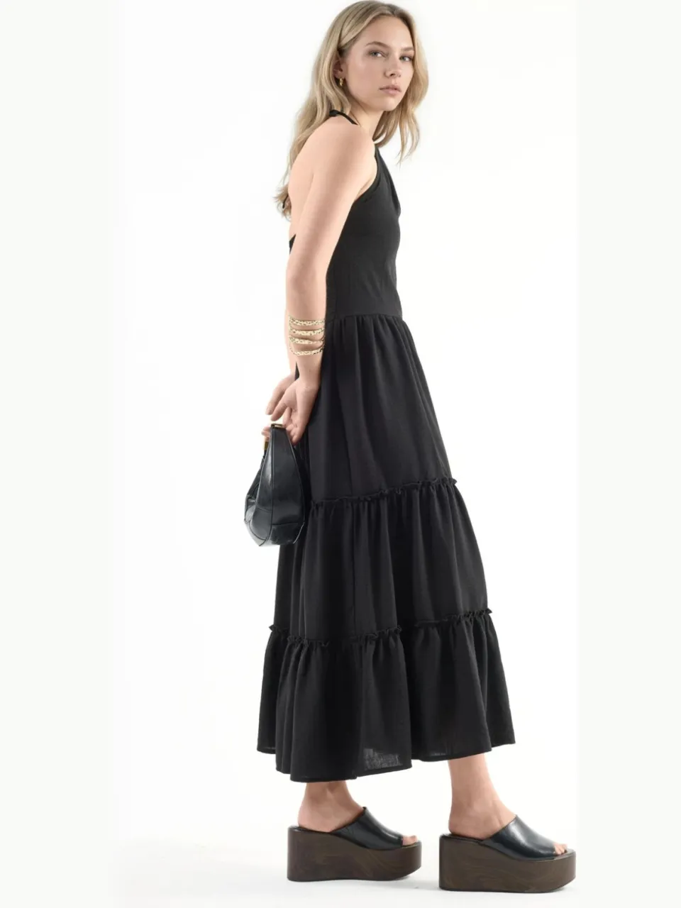 Busem Rimpelige Halter Nek Maxi Jurk zwart, foto 2