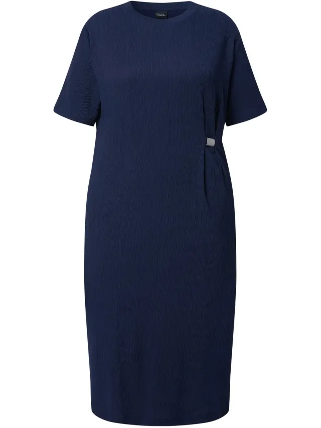 Ulla Popken Dames - Midi-jurk structuur ronde hals oversized korte mouwen - Marine - Maat 50+