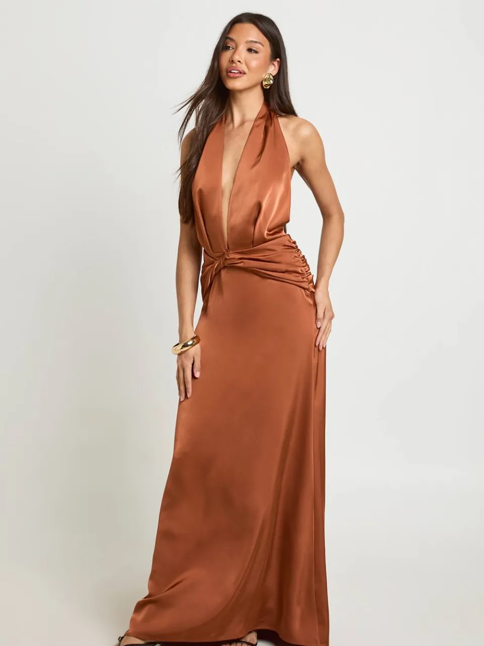 boohoo Dames Satijnen Maxi Jurk Met Diepe V-hals En Open Rug spice, foto 2
