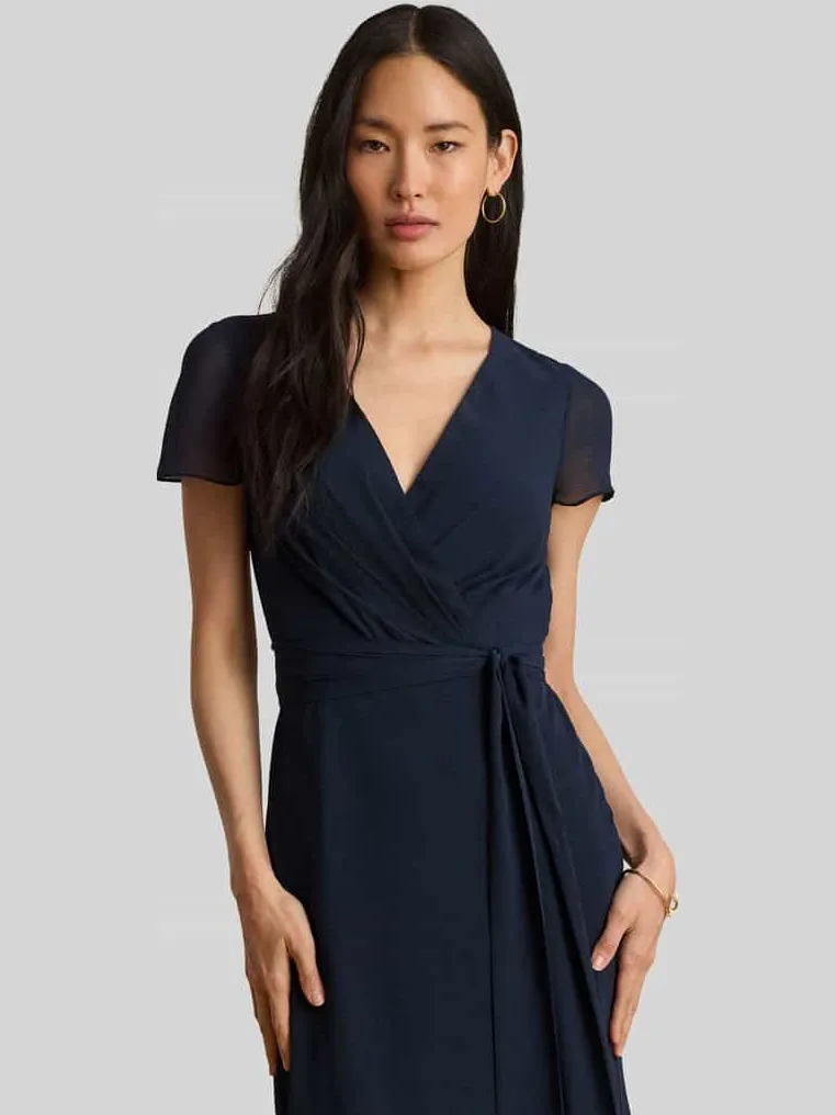 Lauren Ralph Lauren Avondjurk met strikceintuur en V-hals donkerblauw, foto 4