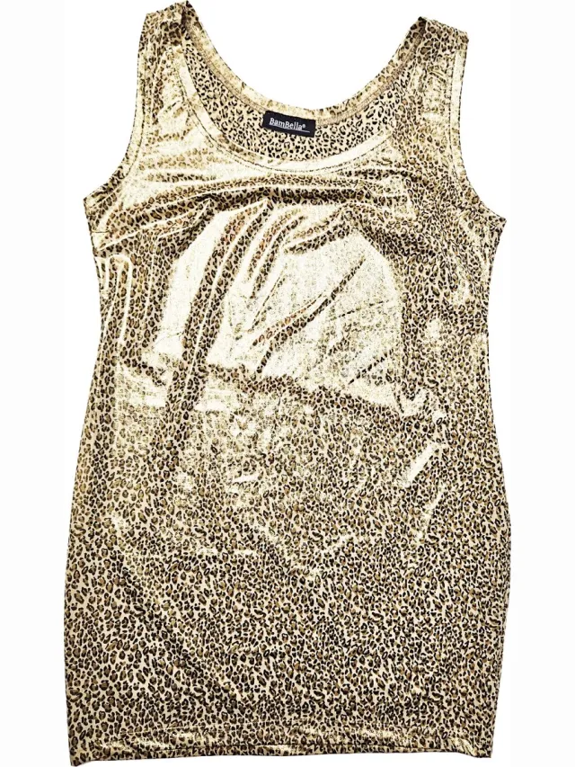 BamBella Jurk - Feest glitter kort jurkje mini tuniek panterprint goud geel glitters bruin