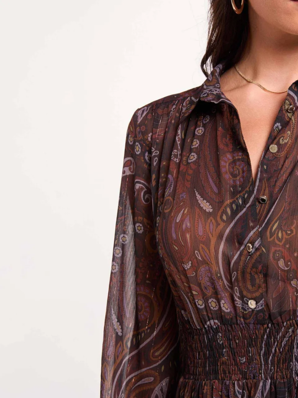 Morgan semi-transparante bohemian midi jurk met ruches en paisley - bruin, foto 4
