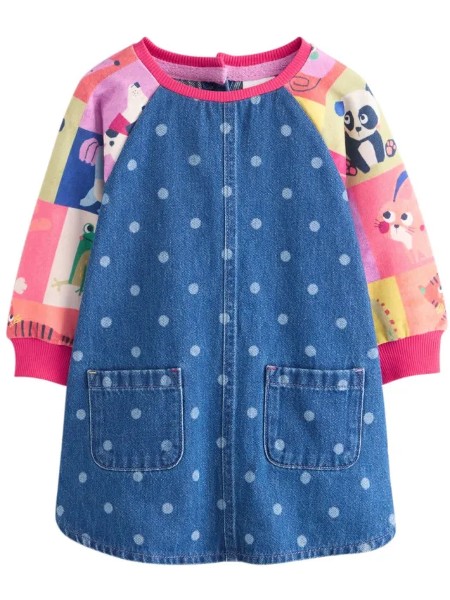 Next Meisjes - Denim jurk met raglanmouwen - Blauw Animal Charcater