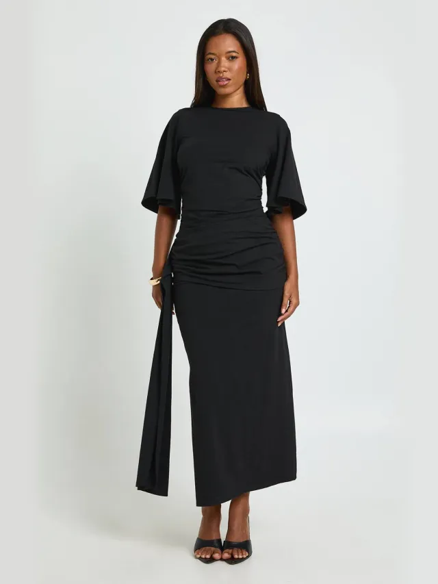 boohoo Dames Cape Draperie Detail Midaxi T-shirt Jurk Zwart