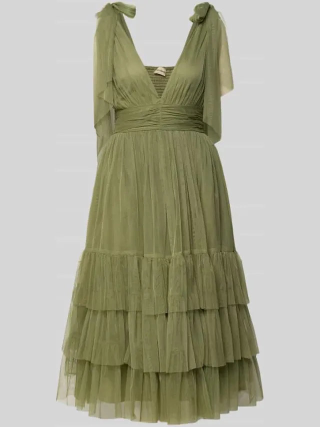 Lace & Beads Knie-lange jurk met ruches olijfgroen, foto 2