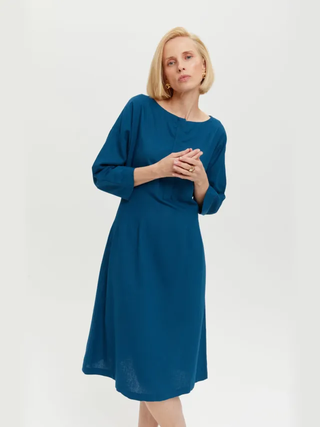 AYANI dames vegan Midi Jurk Lusin Petrolblauw