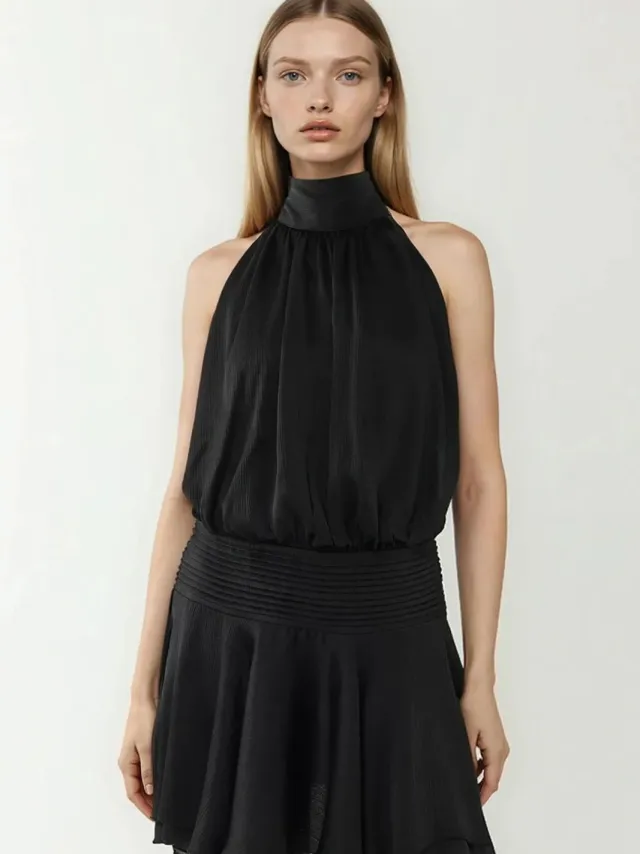Hiccup Gestructureerde Turtleneck Mini Jurk Zwart