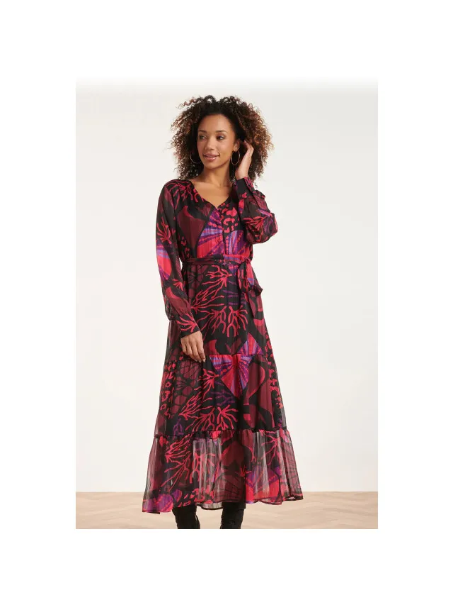 Smashed Lemon 24522 fuchsiapaarse hartjesprint maxi jurk Zwart