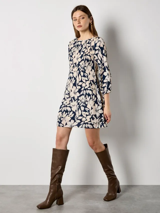 Apricot Mini-jurk van geplooide chiffon met bloemenprint Marine