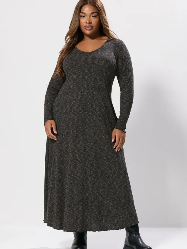 Yours Grijs Gemêleerde Geribbelde Maxijurk-60 Grey