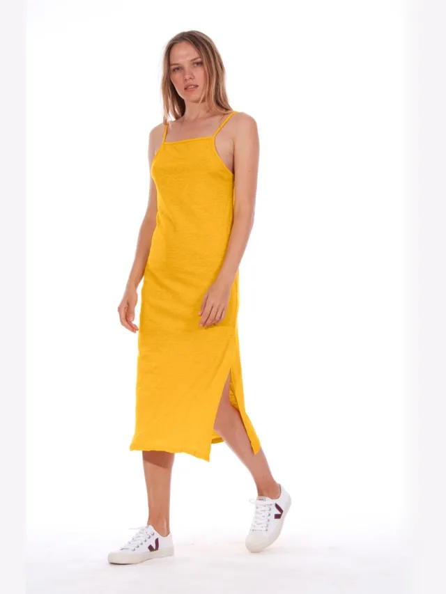 RAVENS VIEW IBIZA dames vegan Midi Jurk Farah Oud Goud Geel