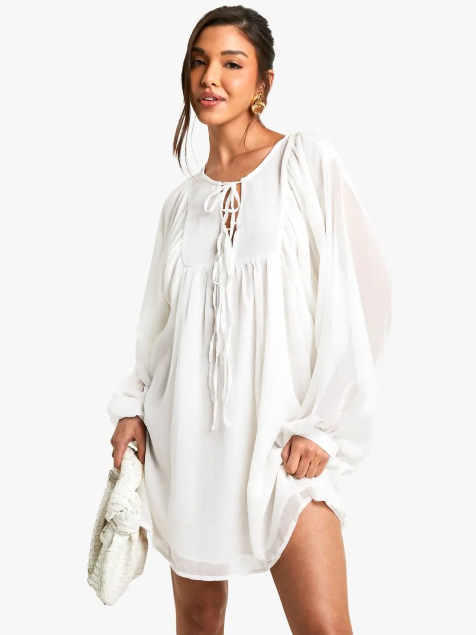 boohoo Dames Crinkle Chiffon Smock Jurk crème, foto 2